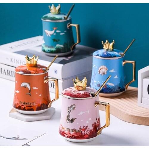 350ML Personalized Mermaid Couple Mug With Lid And Spoon Creative Ceramic Crown Cup Gift For Mens and Womens