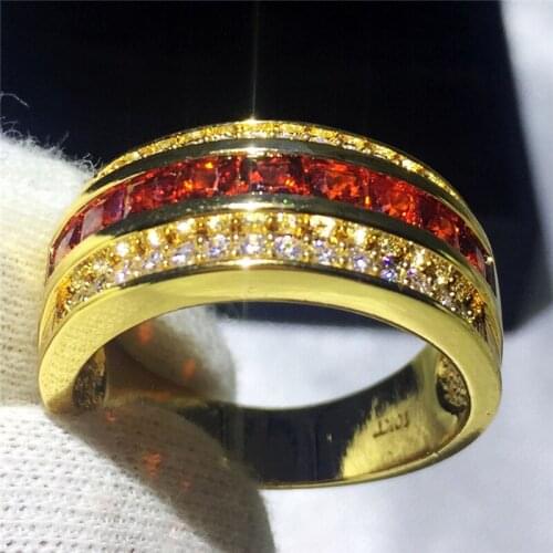 Fashion Engagement Wedding Band Rings for men Red AAAAA zircon Stone Yellow Gold Filled male Party ring wholesale jewelry