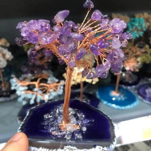 Natural Crystal Tree Amethyst Rose Quartz Aquamarine Lucky Tree Decoration Agate Slices Mineral Stone Home Decor Christmas Gift