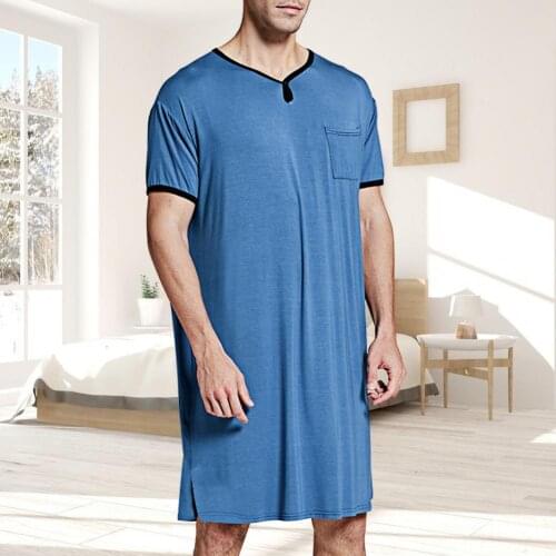 2021 New Fashion Men Short Sleeve O Neck Pocket Nightdress Loose Knee-length Nightgown Homewear
