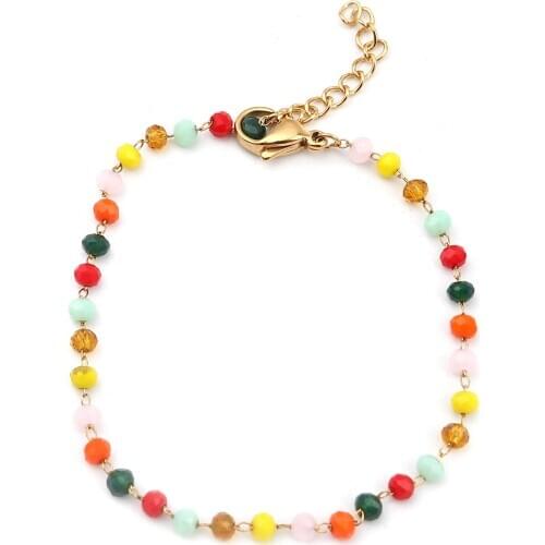 New Fashion 304 Stainless Steel Beads Bracelets Gold Color Multicolor Flat Round Beads For Girls Gifts 18cm long, 1 Piece