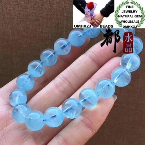 OMHXZJ Wholesale ZB366 7891012mm Fashion Birthday Party Wedding Gift Natural Stone Fine Aquamarine Round Beads Bracelets Bangles