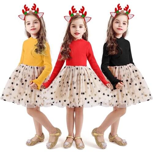 2021 Autumn Winter Dress for Girls Pentagram Long Sleeve Princess Christmas Dress New Year Party Children Clothing Kids Dresses