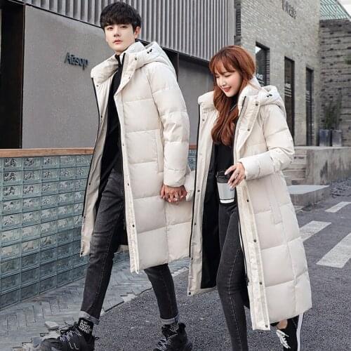Mens Womenwinter X-Long Coats 2021 Winter New Arrivals Mens White Duck Down Thick Jacket Fashion Korean Hooded Lovers Coat