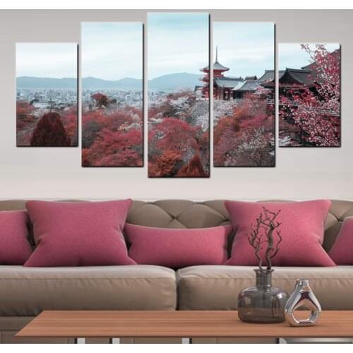 5 Pieces of Japanese Temple Landscape Oil Painting Art Red Cedar Tree Home Decoration Living Room Wall Decoration Without Frame