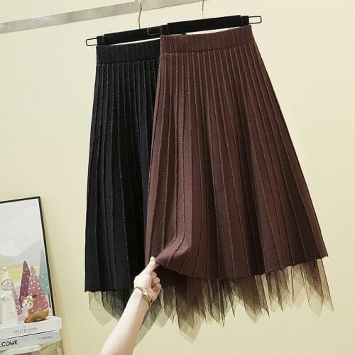 Mesh Pleated Knitted Midi Plus Large Size Oversize Korean Style Fashion WomenS Clothing Vintage 2021 Casual High Waist Skirts