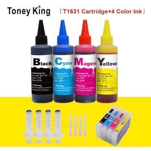 T16 16XL T1631 Refillable Ink Cartridges For Epson WorkForce WF-2530 WF-2540 WF-2630 WF-2650 Printer + 4 Color 100ml Dye Ink
