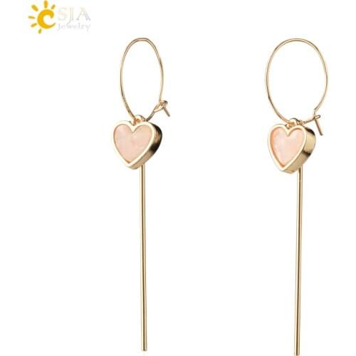 CSJA Love Heart Clip Hoop Earrings for Female Women Korean Temperament Earrings Gold Color Long Chain Metal Tassel Jewelry S700