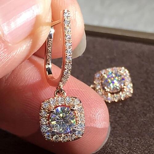 14K Rose Gold Women Drop Clip Hoop Earrings Moissanite Diamonds 1 2 Ct Round Cushion Square Wedding Party Engagement Anniversary
