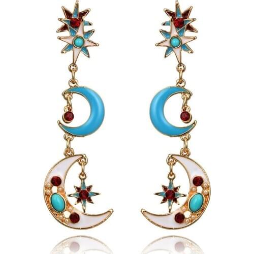 Earrings Statement Drops Gem Bohemian Sun Moon Shiny Crystal Pink Blue Natural Stone Earrings Jewelry For Women Wholesale Brinco