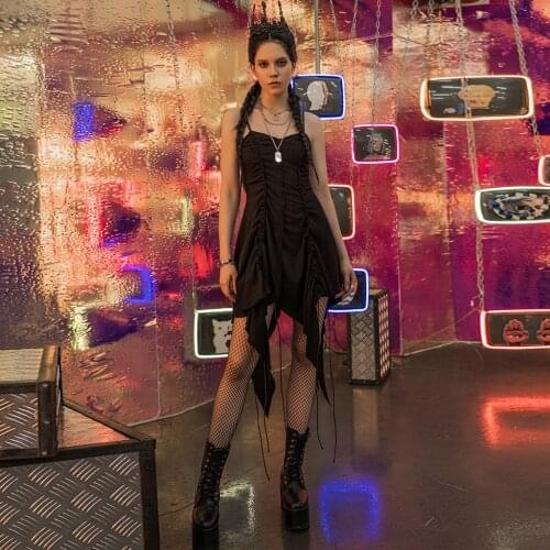 PUNKRAVE Womens Gothic Witch Style Slip Dress "bat Girl" Irregular Sharp Hem Cotton and Linen Knit Strap Dress