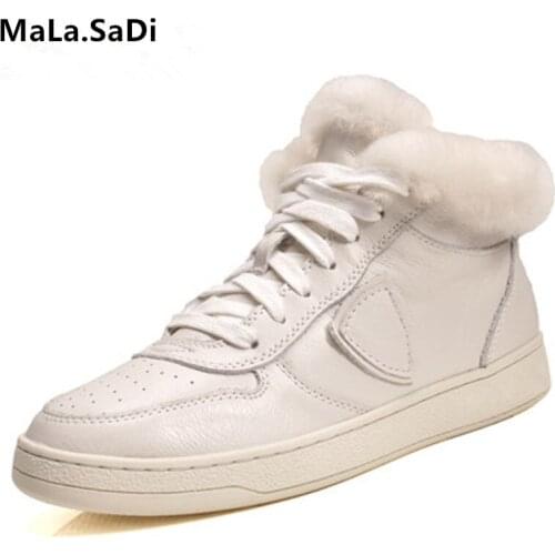Winter Fashion Wome Sheepskin Wool Fur Warm Ankle Boots High-top Full Grain Leather Round Toe Sport Casual Flats Shoes