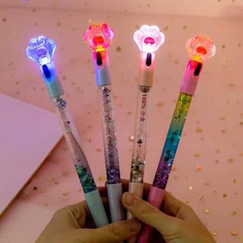 1 Pcs Kawaii Cat Claw Glowing Gel Pen Creative Stationery LED Light Quicksand Pen Student Signature Pens for Kids Girls Gift