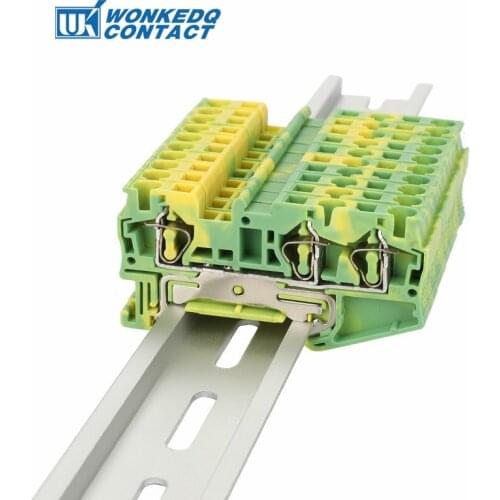 Din Rail Terminal Blocks 10Pcs ST-4TWIN PE Connectors Return Pull Type Three Conductor Spring Ground Terminal Blocks