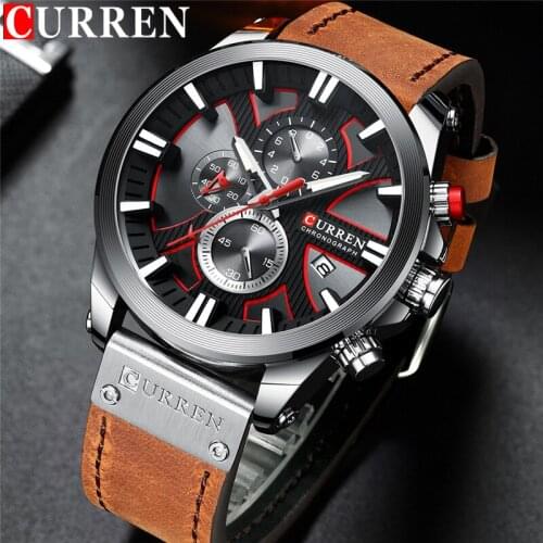 CURREN Man WristWatch Chronograph Calendar Sport Men Watch Military Army Top Brand Luxury Silver Genuine Leather Male Clock 8346