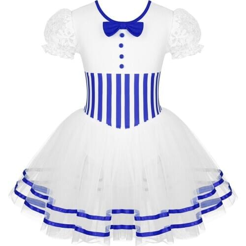 Kids Girls Christmas Dance Costume Short Lace Puff Sleeves Striped Printed Ice Skating Roller Skating Dress Ballet Mesh Leotard