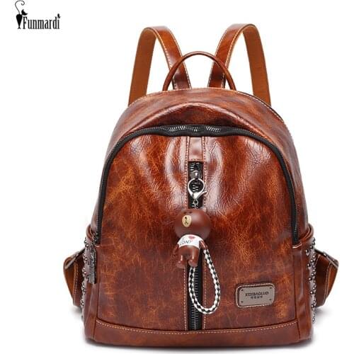 FUNMARDI Vintage Oil Wax Backpacks For Women Fashion Rivet Design Shoulder Bags Cool Ladies School Bags High Capacity Female Bag