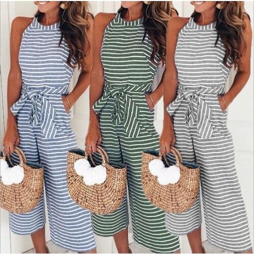 Rompers Women Striped Printed Lace-up Pocket O-neck Sleeveless Long Wide Leg Pants Summer Black Pink Overalls Female 2021