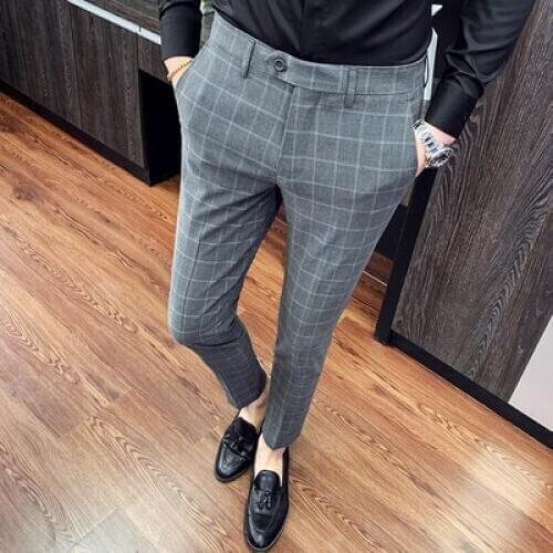 Checked Pants Men Camicia Uomo Slim Fit Mens Dress Pants Plaid Formal Trousers Office Costume Homme Business Suit Pants 2020