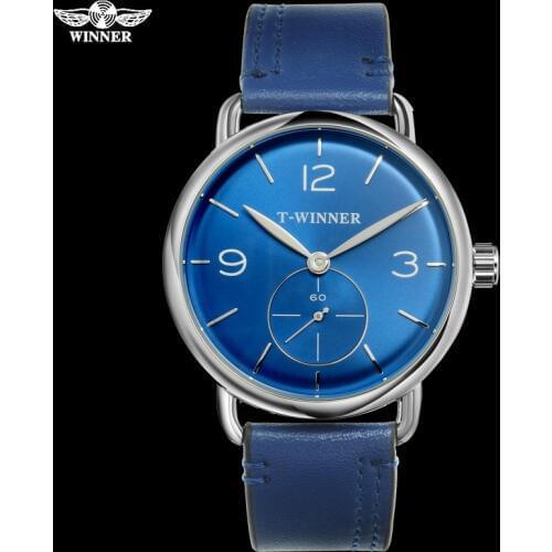 T-WINNER Men Mechanical Watches Winner Brand Casual Hand Wind Stainless Steel Leather Strap Forsining man waterproof clock