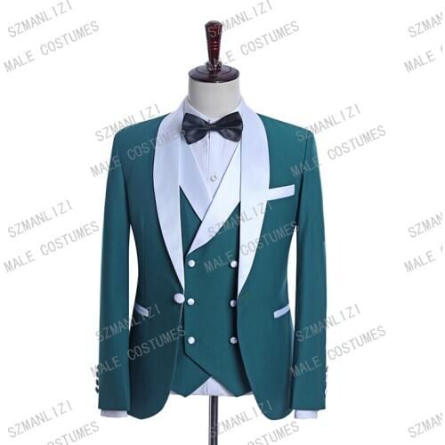 Costume Homme 2019 New Design Green Suit With White Lapel Custom Made 3 Piece Suits Men Slim Fit Formal Wedding Suit Groom Suit