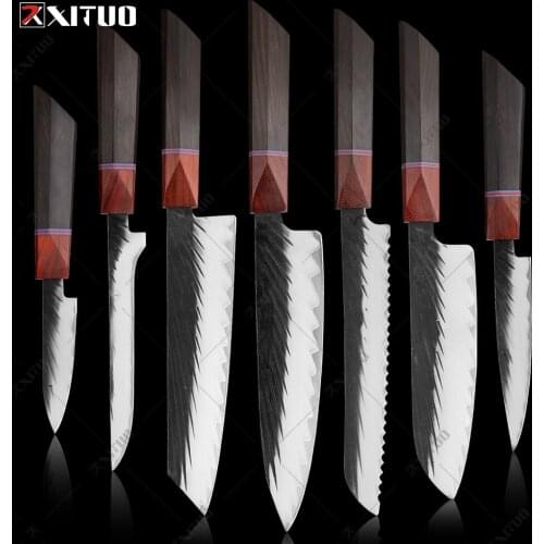 XITUO Handmade Knife Set 1-7PCS Japanese Three-layer clad steel Black Sandalwood Handle Chef knives Slicing Santoku knife