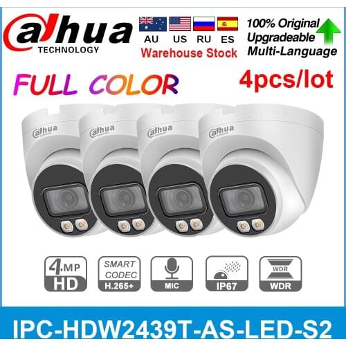 Dahua Original Full Color IPC-HDW2439T-AS-LED-S2 4MP H.265 POE IP67 Built-in Mic micro sd card slot Network Camera 4PCS