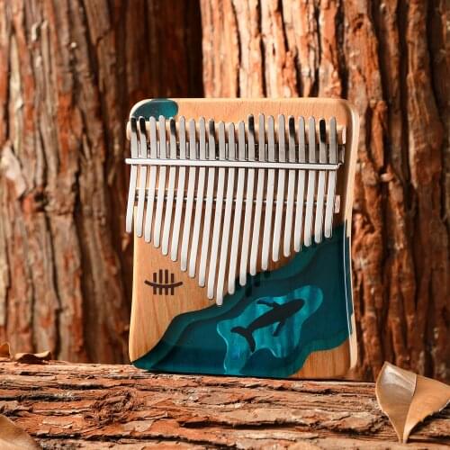 Hluru Kalimba 21 Key 17 Keys Thumb Piano Beech Wood Finger Piano Musical Instrument Blue Ocean Whale Pattern for Kids Beginners