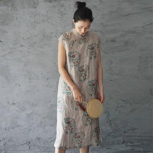 SCUWLINEN Vestidos 2020 Summer Women Improved Cheongsam Vintage Circular Fan Print Sleeveless Straight Long Linen Dress P256