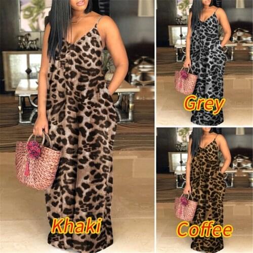 Women Long Leopard Print Dress Ladies Sexy V Neck High Waist Maxi Party Dresses Summer Spaghetti Strap Pockets Boho Beach Dress