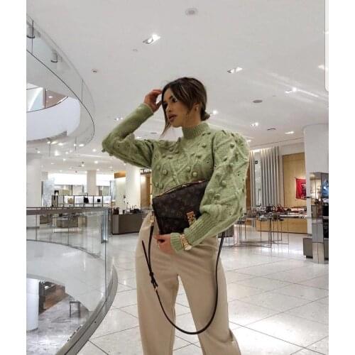 New product womens ribbed long-sleeved half-high neck mohair knit sweater hollow pullover cropped top