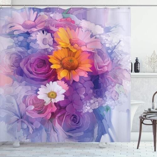Watercolor Flower Shower Curtain Bouquet of Rose Daisy and Gerbera Flowers Impressionist Style Bathroom Decor Set with Hooks 75"
