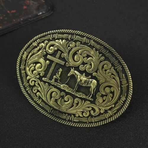 Western cowboy zinc alloy embossed filigree and Christian cowboy buckle