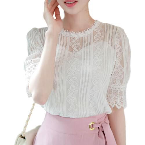 Womens Spring Summer Style Lace Blouses Shirt Womens Hollow Out Solid Color O-neck Half Sleeve Elegant Temperament Tops DD8625
