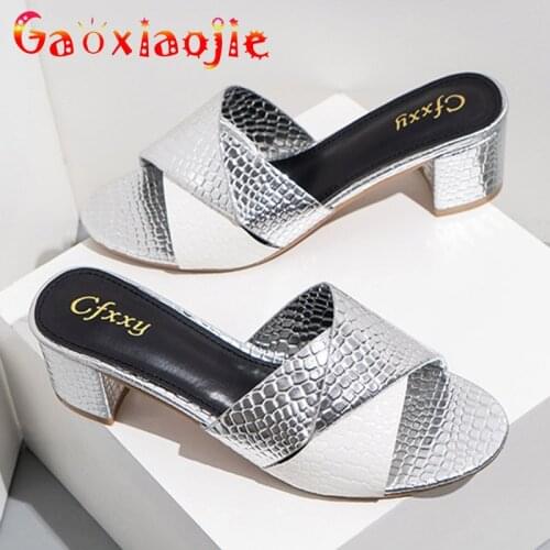 Gaoxiaojie 2021 Summer New Stone Grain Womer Slip On Thick Heel Slippers Sexy Multicolor Patchwork 5.5CM High Heel Sandal Shoes