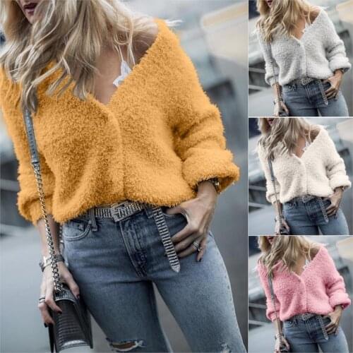 Autumn Casual Plush Knitwear Women Winter Long Sleeve V-neck Woollen Top Loose Yellow Knitted Sweater Female Clothing Streetwear