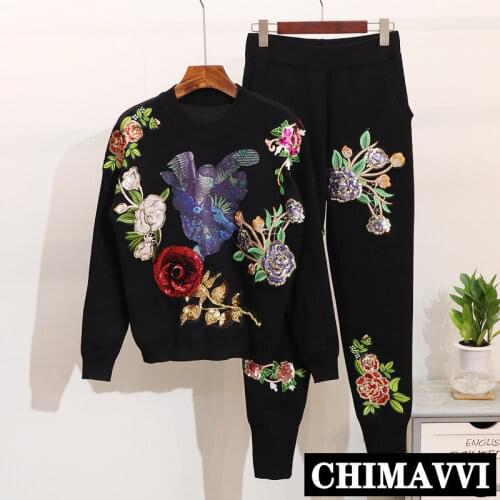 2020 New Autumn and Winter Womens Bird Sequins Flowers Knitting Sweater Casual Pants 2 Pieces Sweater Set Streetwear Knit Sets