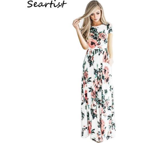 Seartist Mother and Daughter Beachwear Long Dress Girls and Mom Bohemian Short-sleeved Floral Summer Dress Princess 2021 New 25