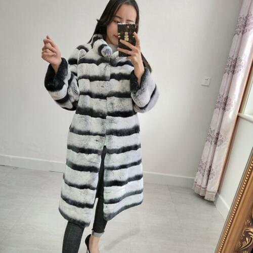 Women real rex rabbit fur coat chinchilla ladies Totoro overcoat standing collar fur warm outerwear