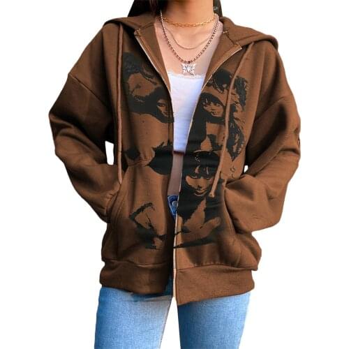 2021 Fashion Gothic Harajuku Portrait Print Sweatshirt Y2K Women Long Sleeve Zip Up Loose Hooded Jacket Hoodies Coat Outerwear