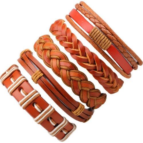 5pcs/set Hippie Punk Jewelry Brown Macrame Leather Band Wax Cord Rope Knots Layers Wrap Adjustable Bracelets Set for Man