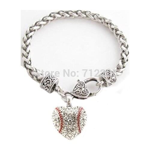 50pcs a lot crystal heart Baseball pendant Lobster Claw Bracelet