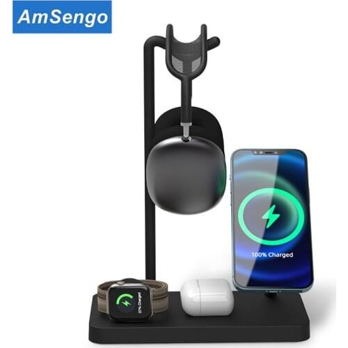 Amsengo 15W Qi Fast Wireless Charger Stand 4 in 1 For iPhone 12 11 Pro XR XS X For Apple Watch 4 5 For AirPods Pro Dock Station
