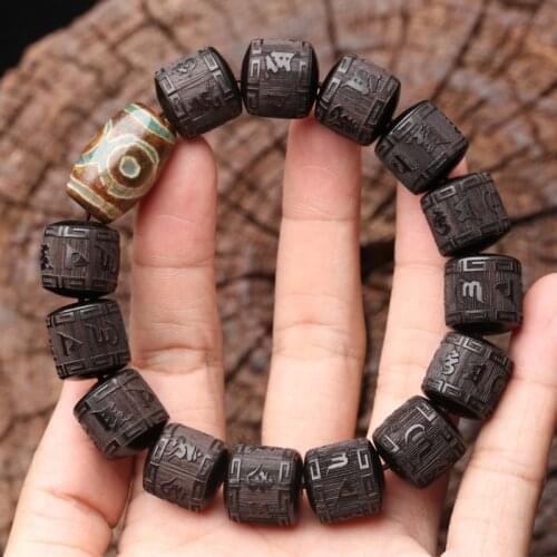Natural Ebony Tibetan Six-Character Mantra Tibetan Buddhist Prayer Wheel Bracelet 15Mm Wrist Unisex Beads