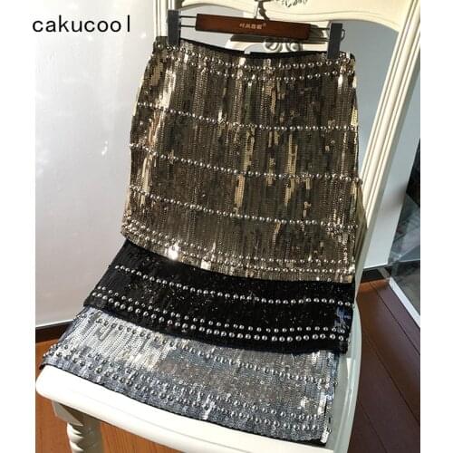 Cakucool Women Vintage Sequined Mini Skirt Sequins Beading Bodycon Skirt Silver Gold bling Empire Sheath Summer Skirt Shiny