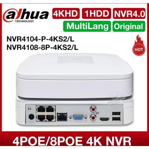 Dahua Original MultiLang NVR4104-P-4KS2/L NVR4108-8P-4KS2/L 1HDD 4/8CH 4/8PoE Network Video Recorder P2P ONVIF H.265 Audio Alarm