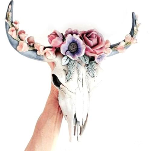 Succulent/Flower Cow Skull Wall Decor Nursery Decor Resin Ornament with Hanging Hole