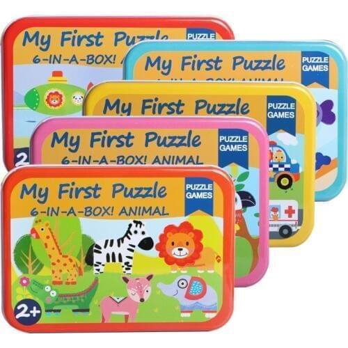 Childrens Early Education Cognition Wood Puzzle Six-in-one Iron Box My First Jigsaw Puzzle Toys Cartoon Cartoon Wood Toy Gifts