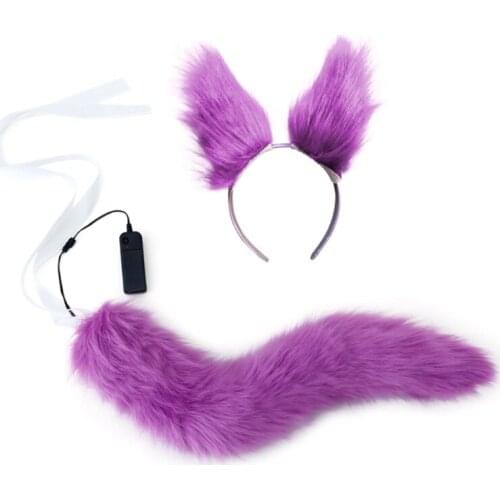 Faux Fur Kitten Wolf Ears Headband with LED Light Up Plush Long Tail Set Anime Dress Up Animal Cosplay Costume Halloween Party