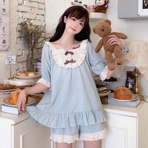 Korean Sweet Bow Hipster Pajamas Womens Summer Style Shorts Home Suit Sweet Lolita Princess Lolita Dress Kawaii Clothing